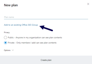 Microsoft Planner prompt indicating how to add an existing Office 365 group for Multiplan.