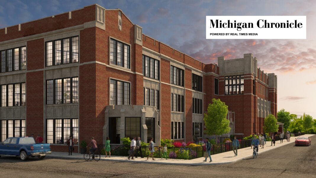 Exterior photo of The Jefferson Hub, where Apex Digital Solutions is establishing its new headquarters and Experience Center, with the Michigan Chronicle logo.