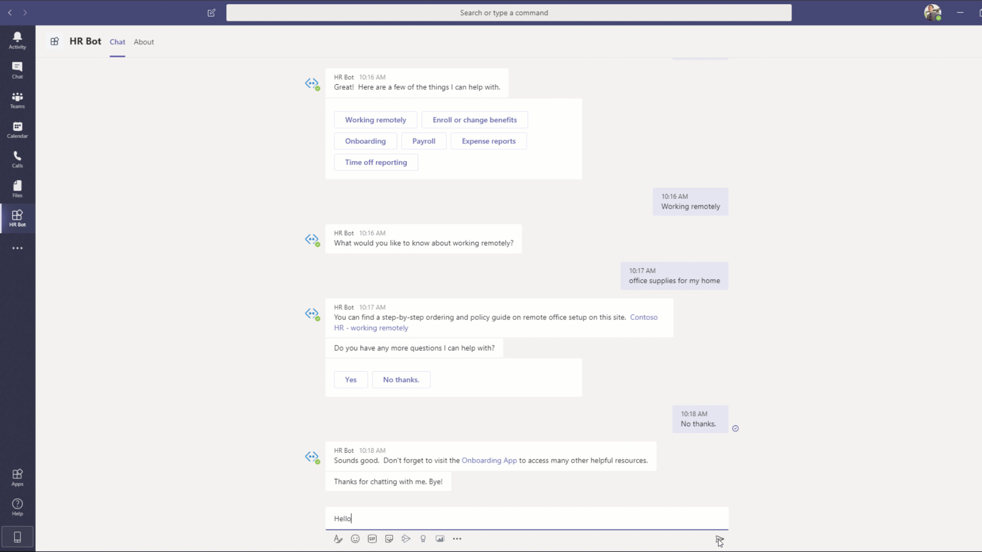 Demonstration of Microsoft Teams Power Virtual Agents Chatbot.