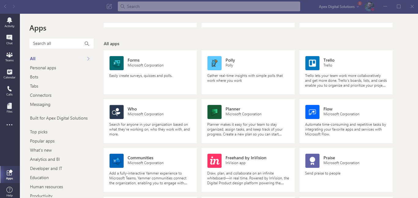 Screenshot of Microsoft Teams app integrations