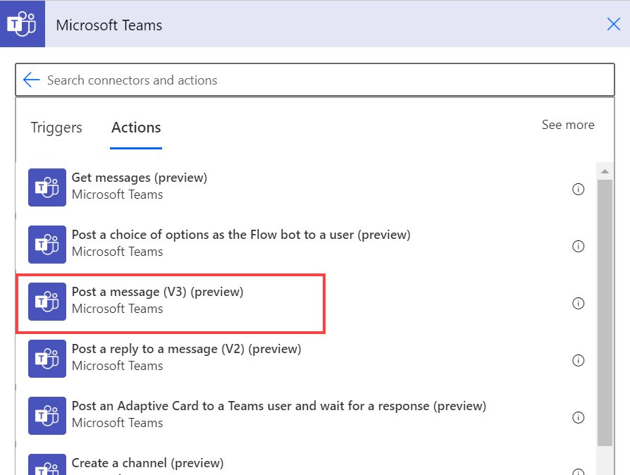Power Automate Microsoft Teams action "post a message."