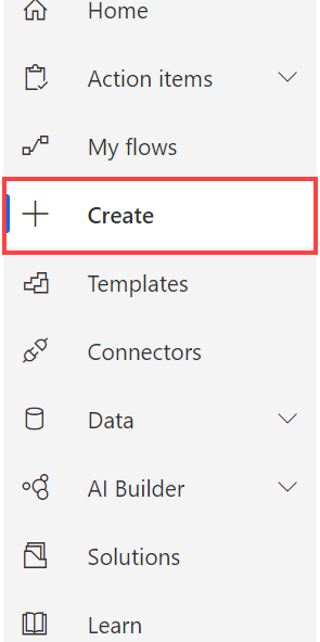 Power Automate sidebar indicating where the "Create" button is
